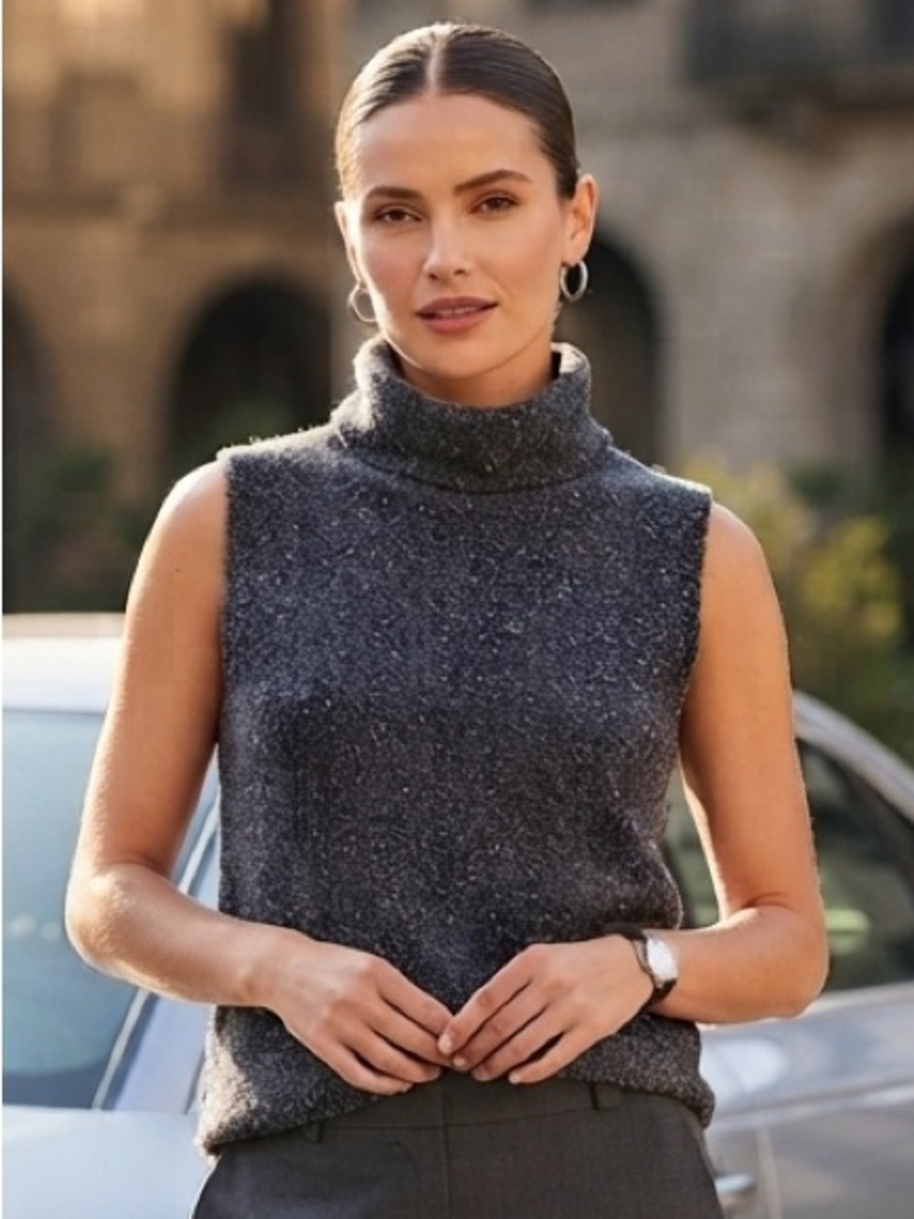Sleeveless Turtleneck Knit Top Charcoal Gray